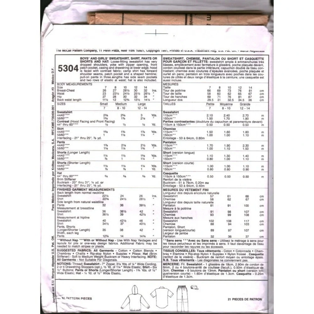 McCalls 5304 Sewing Pattern Kids Sweatshirt Shirt Pants Shorts Hat Size L‎ 12-14